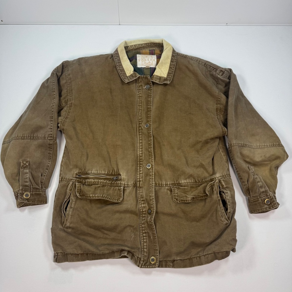 Vintage Porsha Winer Brown Canvas Barn Jacket Plaid Flannel Lined Workwear Small